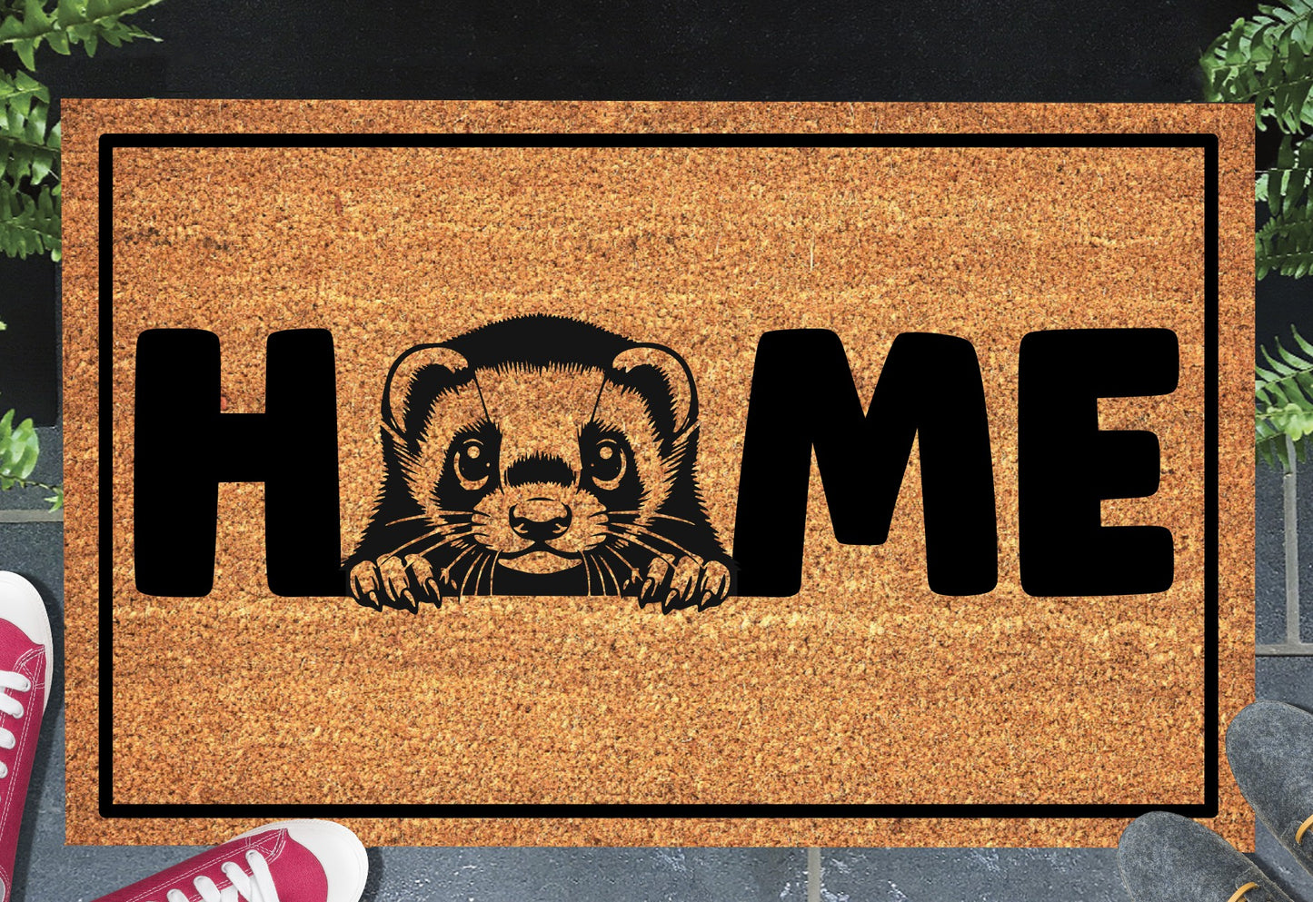 Ferret Doormat - Natural coir welcome mat featuring charming ferret design with non-slip backing