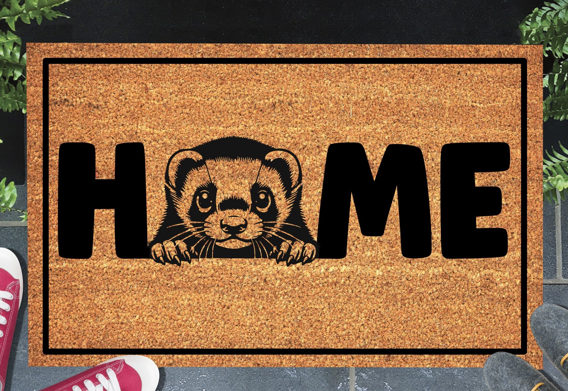 Ferret Doormat - Natural coir welcome mat featuring charming ferret design with non-slip backing