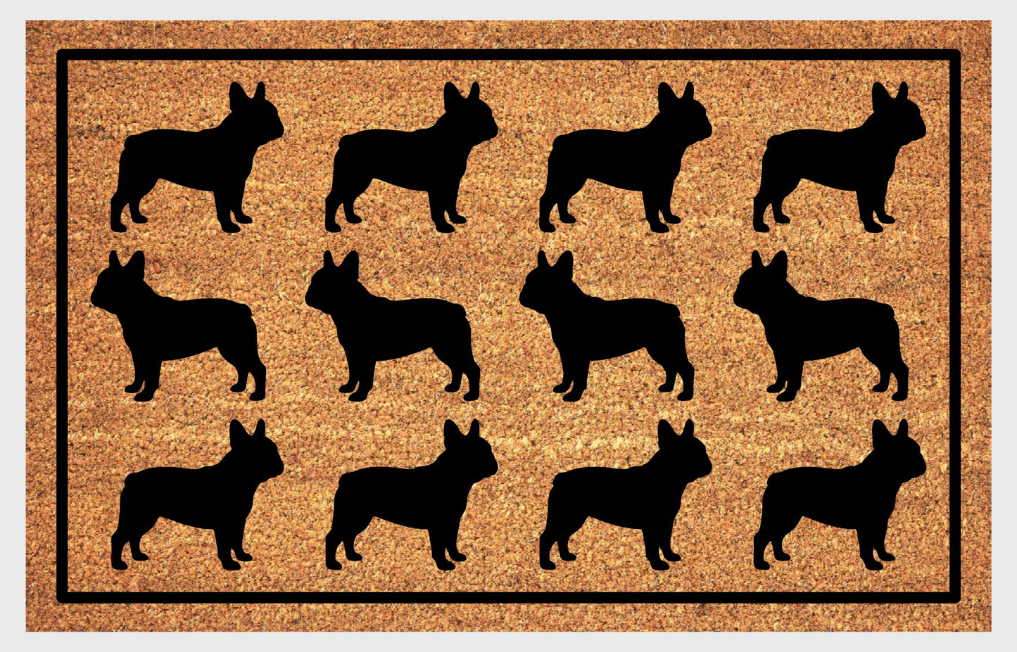 French Bulldog Parade coir doormat 
French Bulldog Parade coir doormat — rows of Frenchie silhouettes in a repeating pattern on a natural coir mat with black border