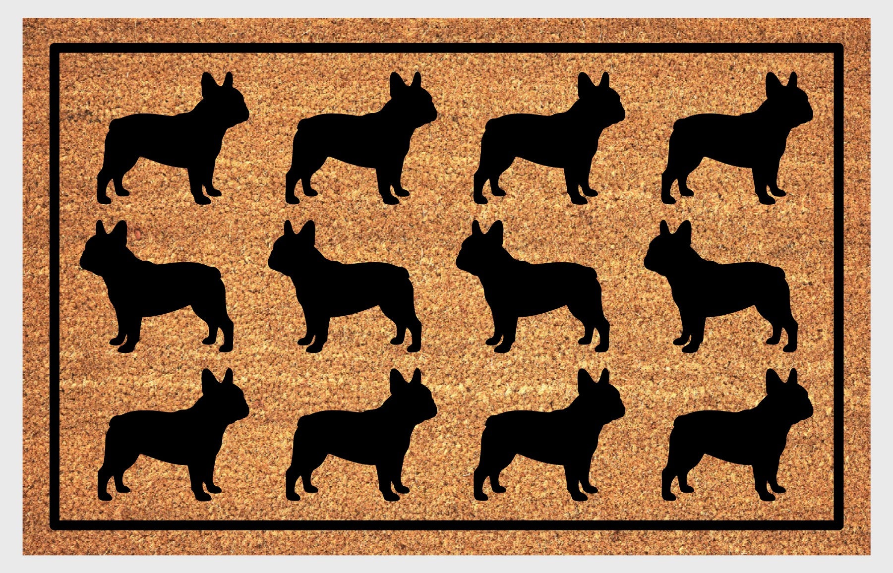 French Bulldog Parade coir doormat 
French Bulldog Parade coir doormat — rows of Frenchie silhouettes in a repeating pattern on a natural coir mat with black border