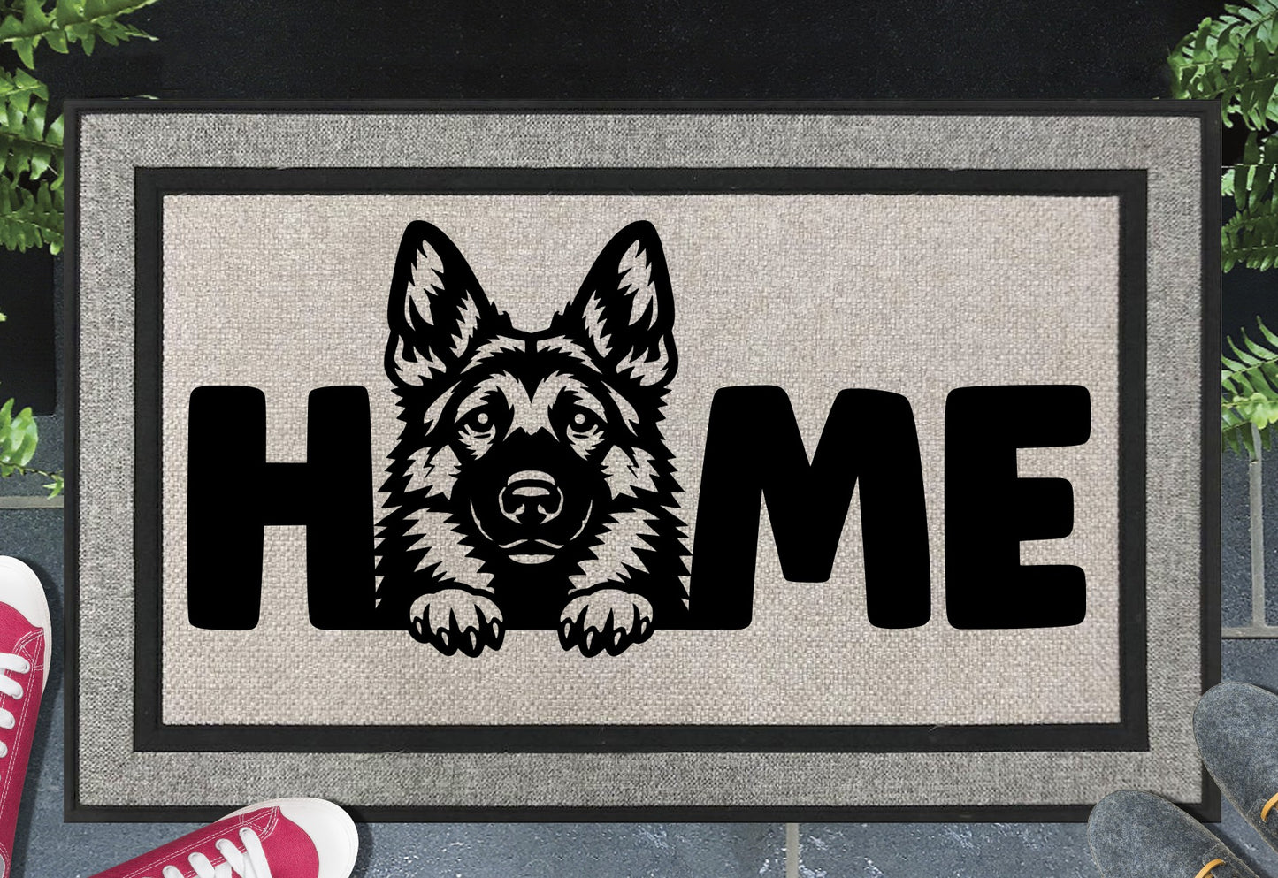 German Shepherd doormat design and 'HOME' text, placed outdoors.