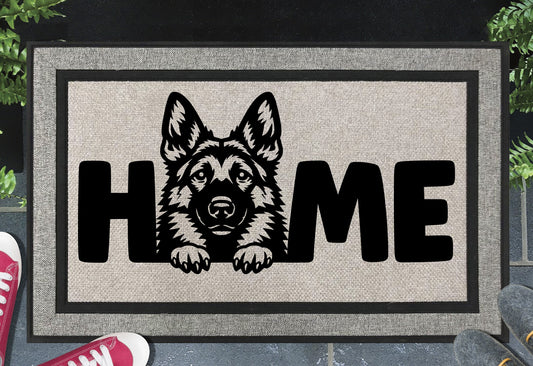German Shepherd doormat design and 'HOME' text, placed outdoors.