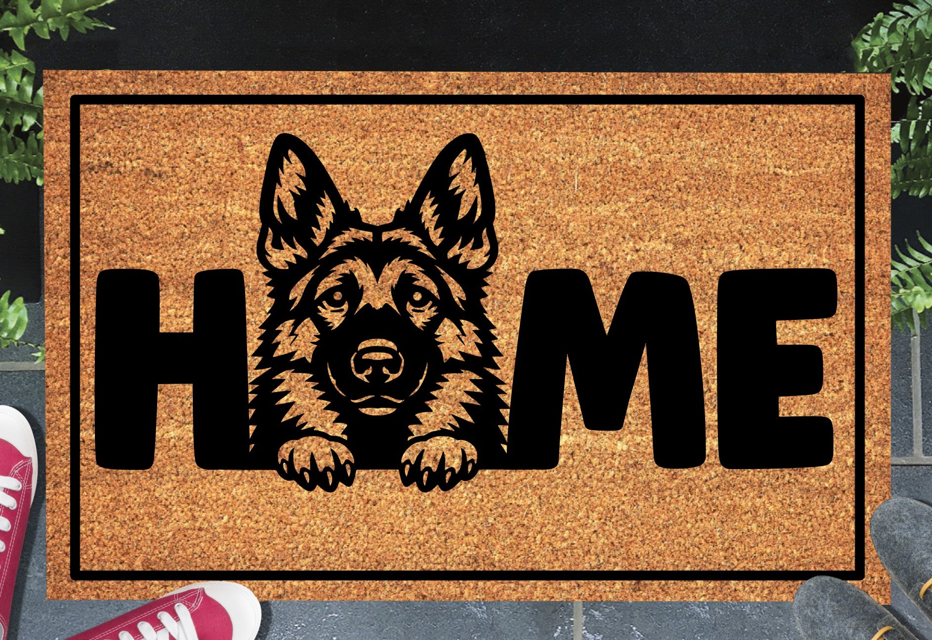 German Shepherd doormat with Home lettering, natural coir welcome mat