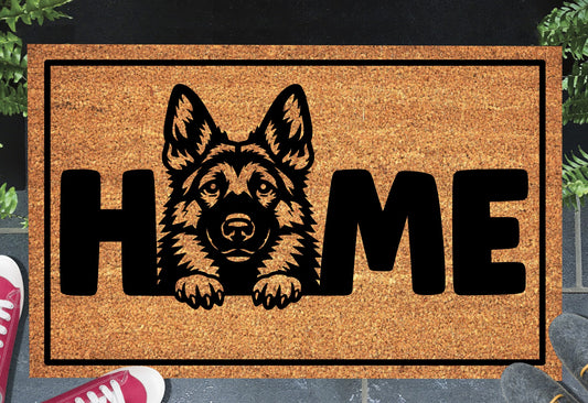 German Shepherd doormat with Home lettering, natural coir welcome mat