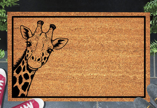 Giraffe peeking coir doormat with peeping giraffe design placed at front door entrance