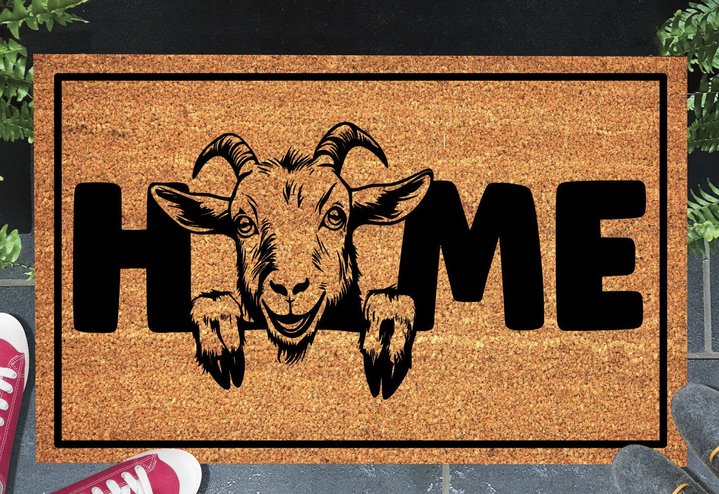 Goat doormat #2 with HOME text placed at front door entryway