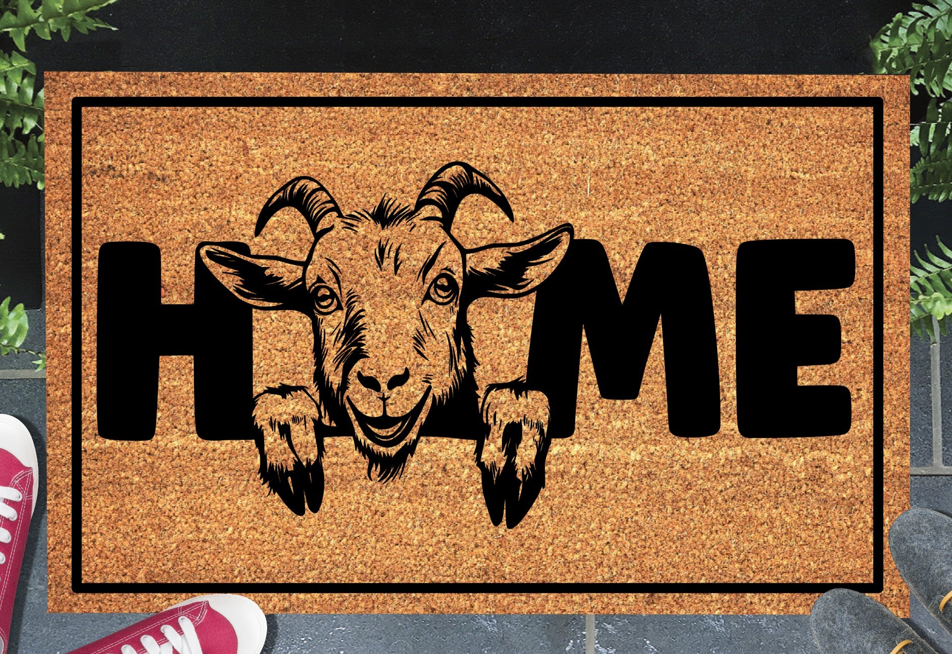 Goat doormat #2 with HOME text placed at front door entryway