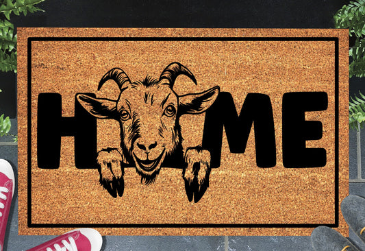 Goat doormat #2 with HOME text placed at front door entryway