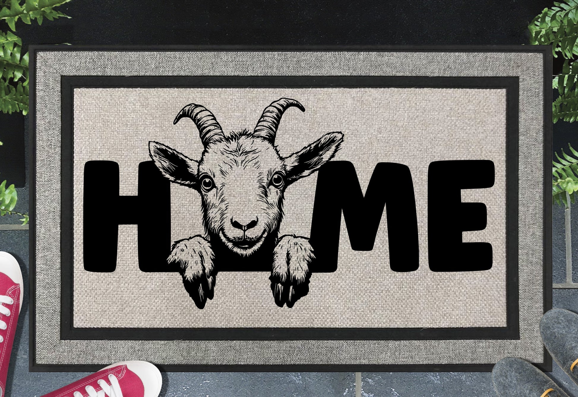 Goat all-weather doormat #3 with HOME text placed at front door entryway