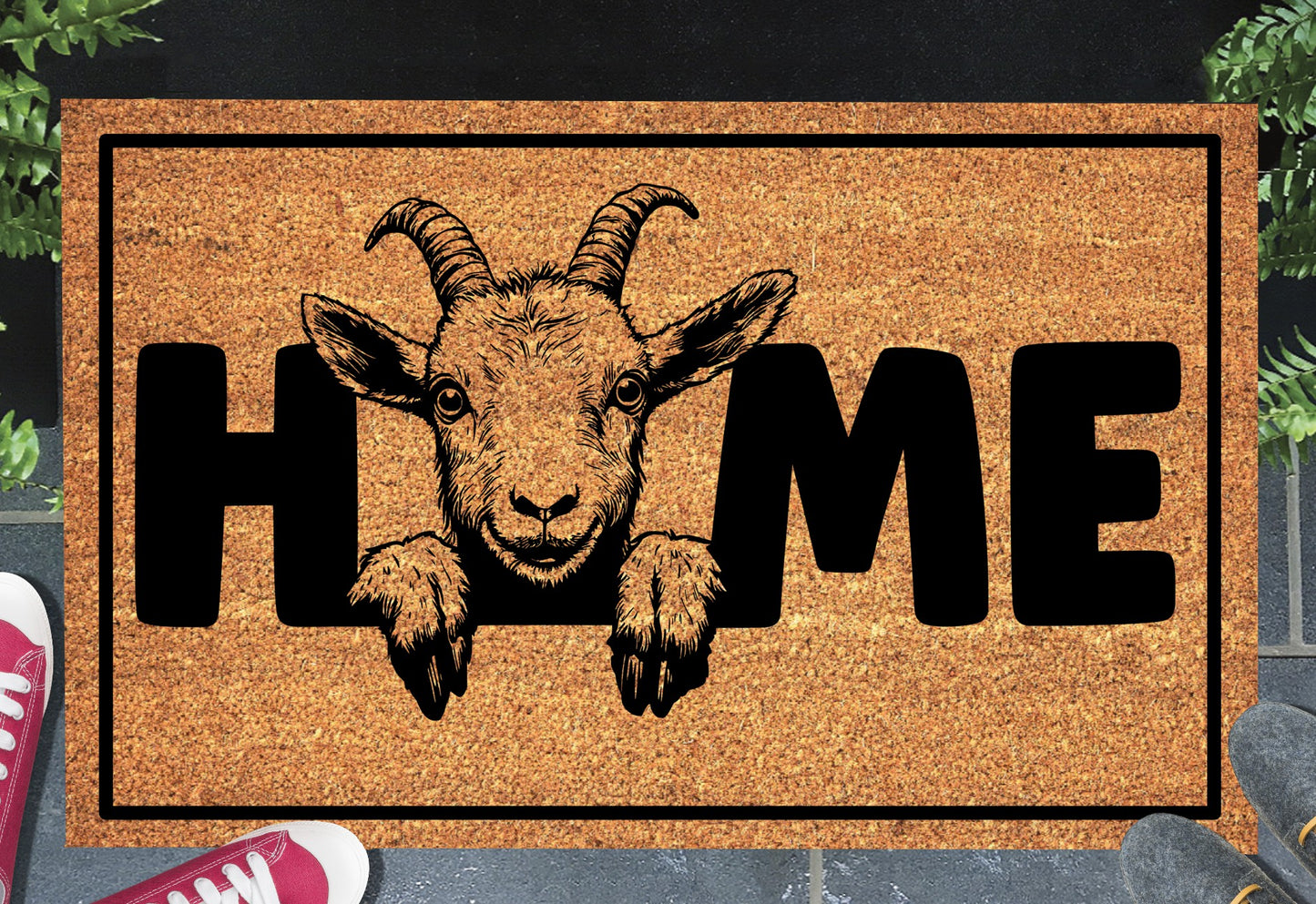Goat doormat #3 with HOME text placed at front door entryway