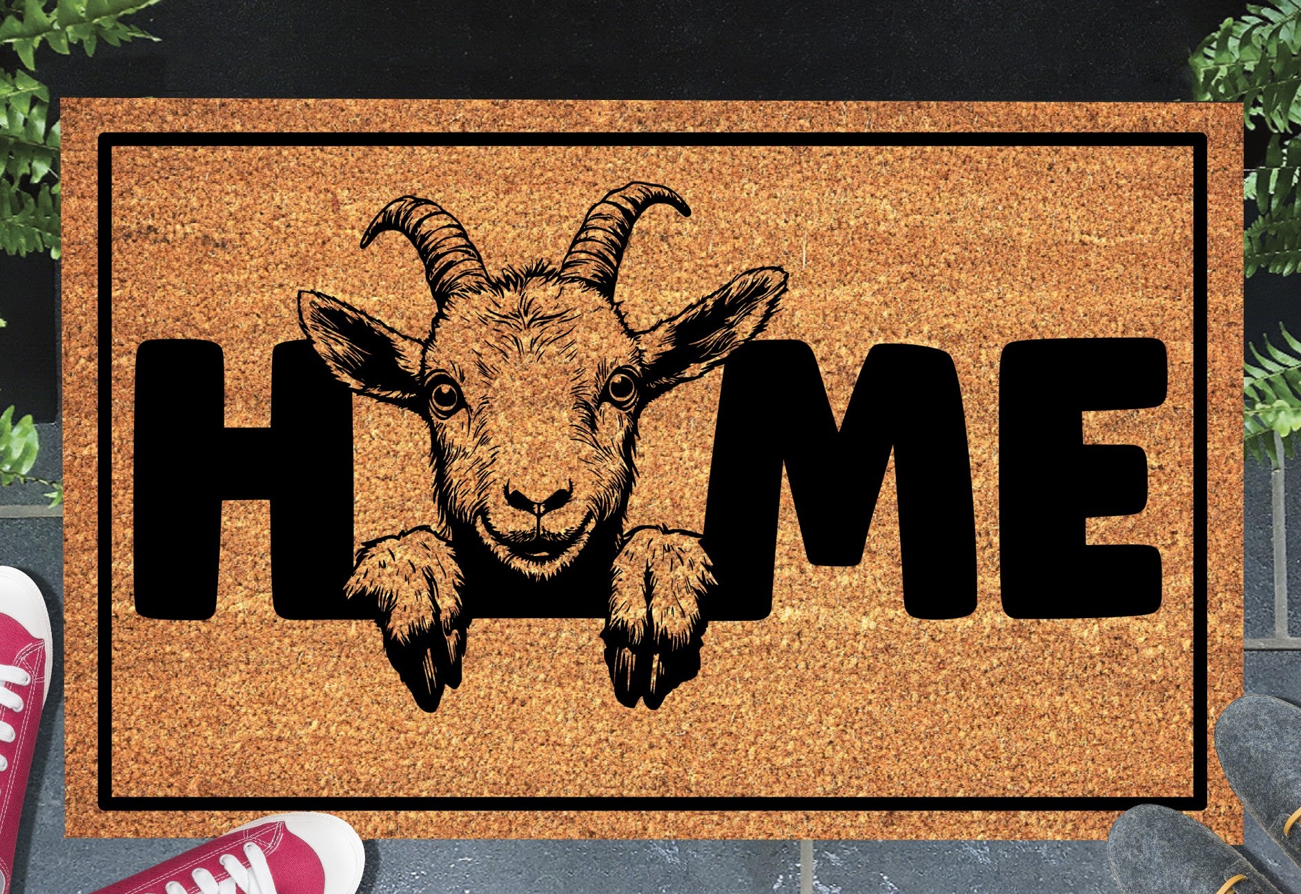 Goat doormat #3 with HOME text placed at front door entryway
