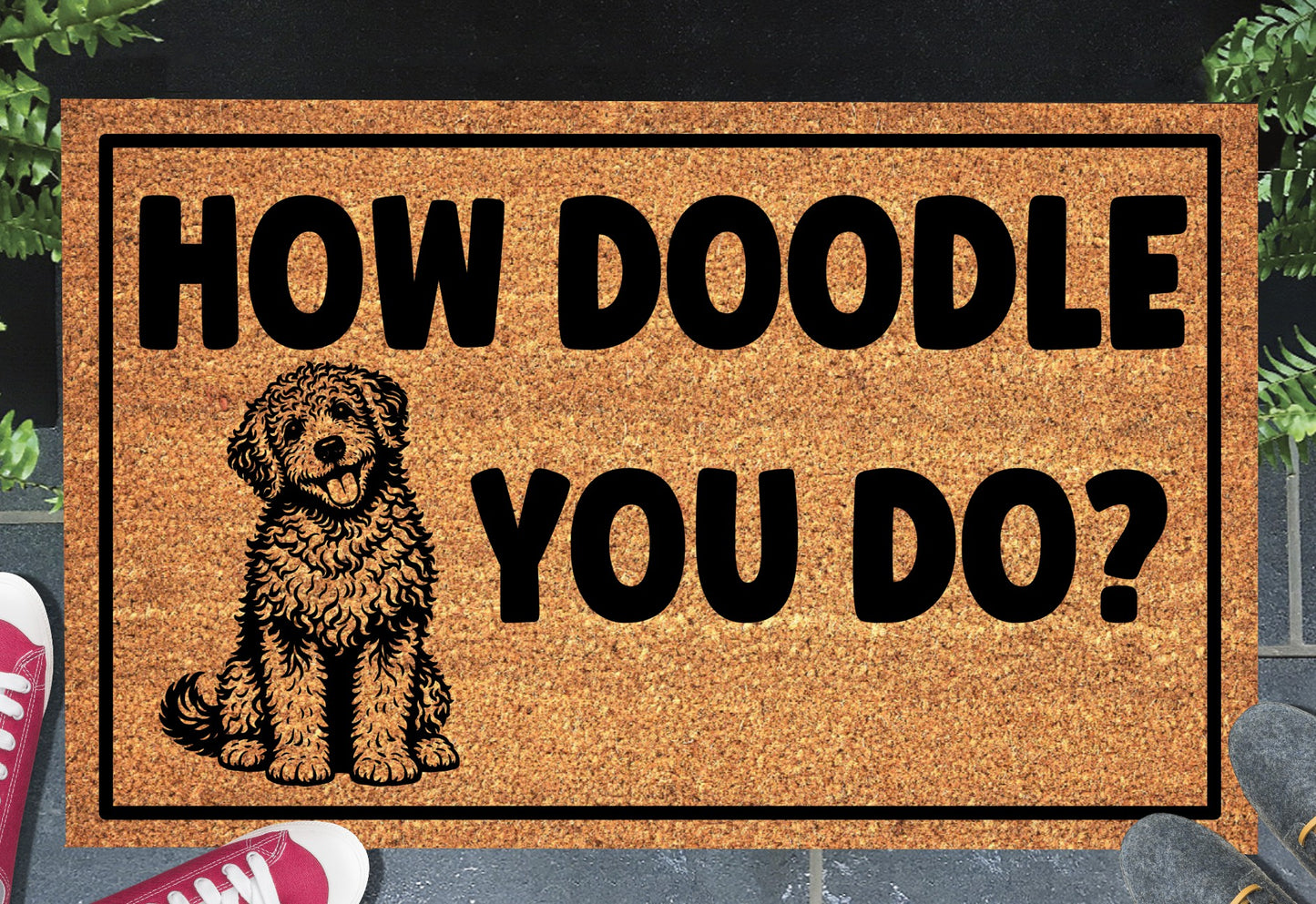 Goldendoodle How Doodle You Do doormat in doorway