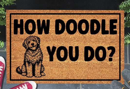 Goldendoodle How Doodle You Do doormat in doorway