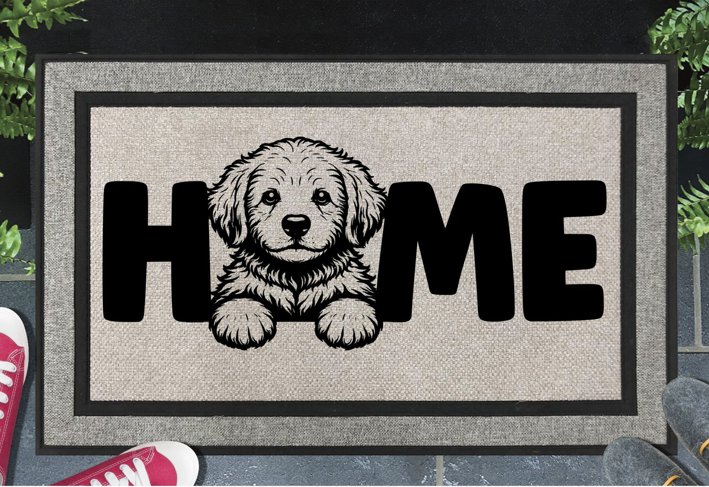 Goldendoodle all-weather doormat with HOME text - durable outdoor welcome mat for dog lovers
