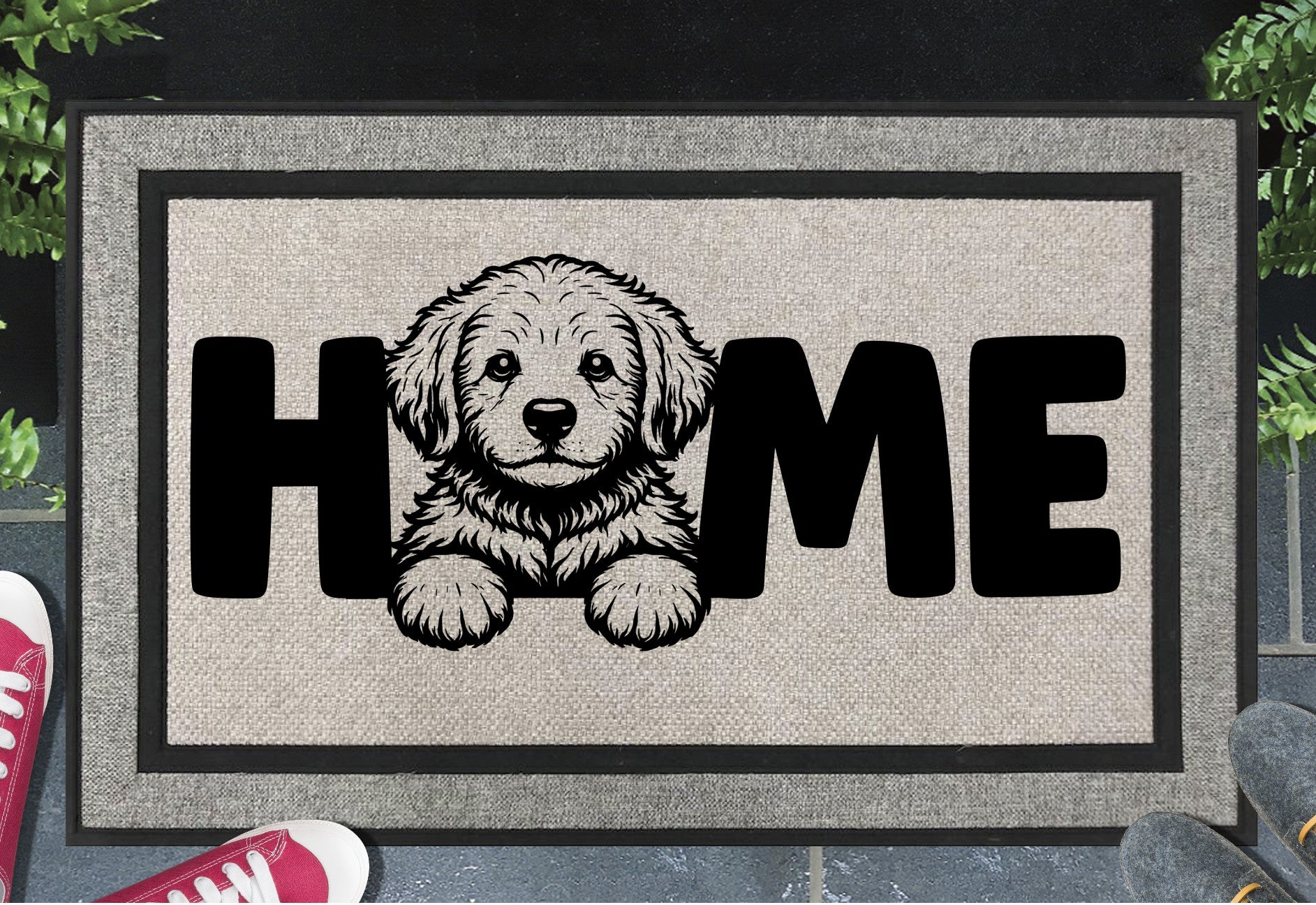 Goldendoodle all-weather doormat with HOME text - durable outdoor welcome mat for dog lovers