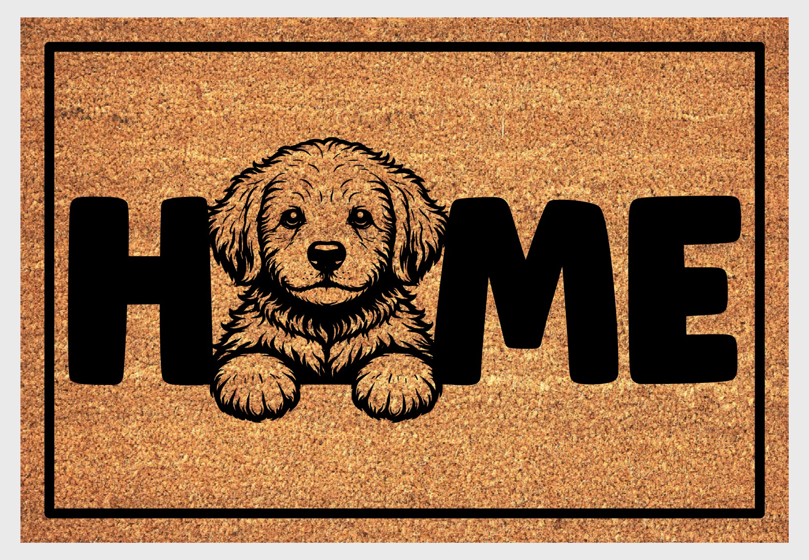 Goldendoodle natural coir doormat close-up