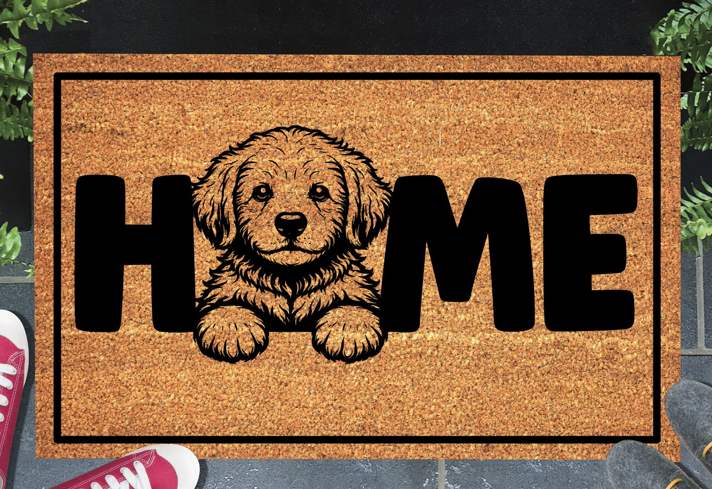 Goldendoodle doormat in doorway