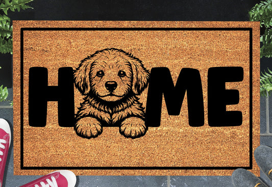 Goldendoodle doormat in doorway