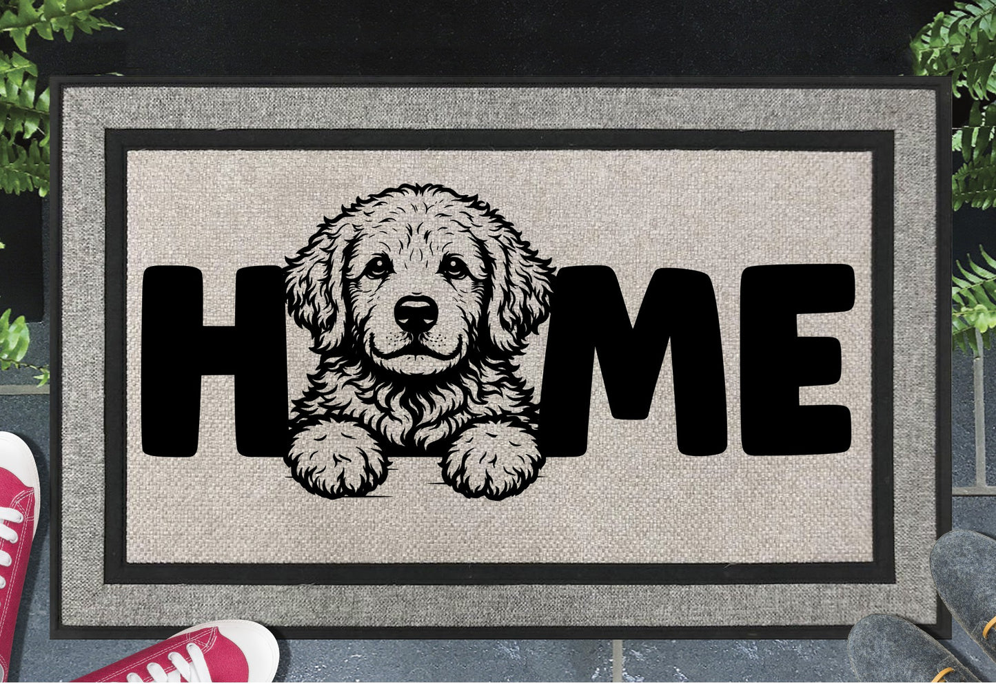Goldendoodle all-weather doormat with HOME text - durable outdoor welcome mat for dog lovers