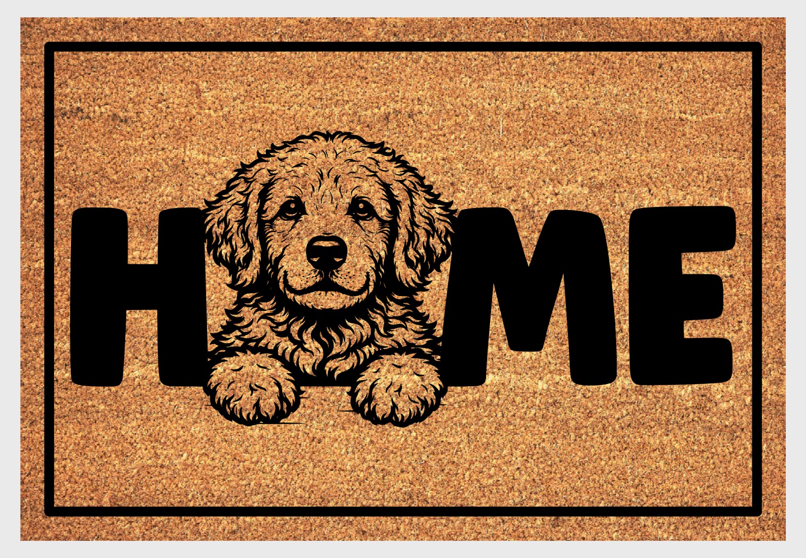 Goldendoodle natural coir doormat close-up