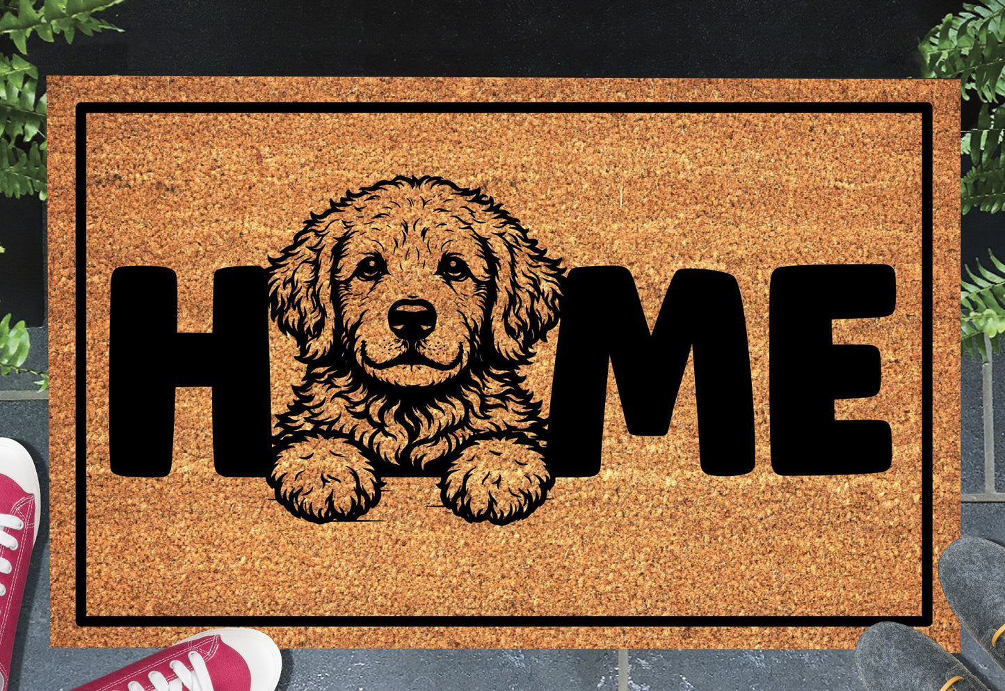 Goldendoodle doormat in doorway