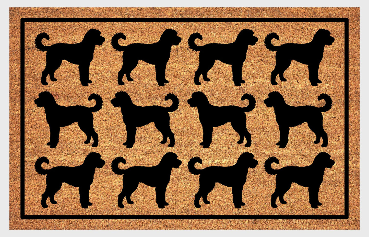 Goldendoodle Parade coir doormat — rows of Doodle silhouettes with curly tails in a repeating pattern on a natural coir mat with black border