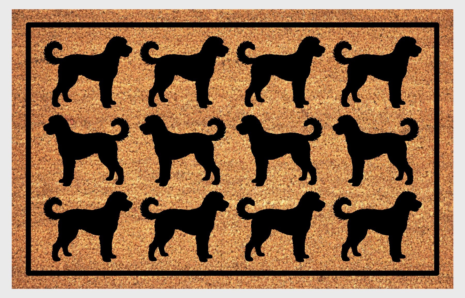 Goldendoodle Parade coir doormat — rows of Doodle silhouettes with curly tails in a repeating pattern on a natural coir mat with black border
