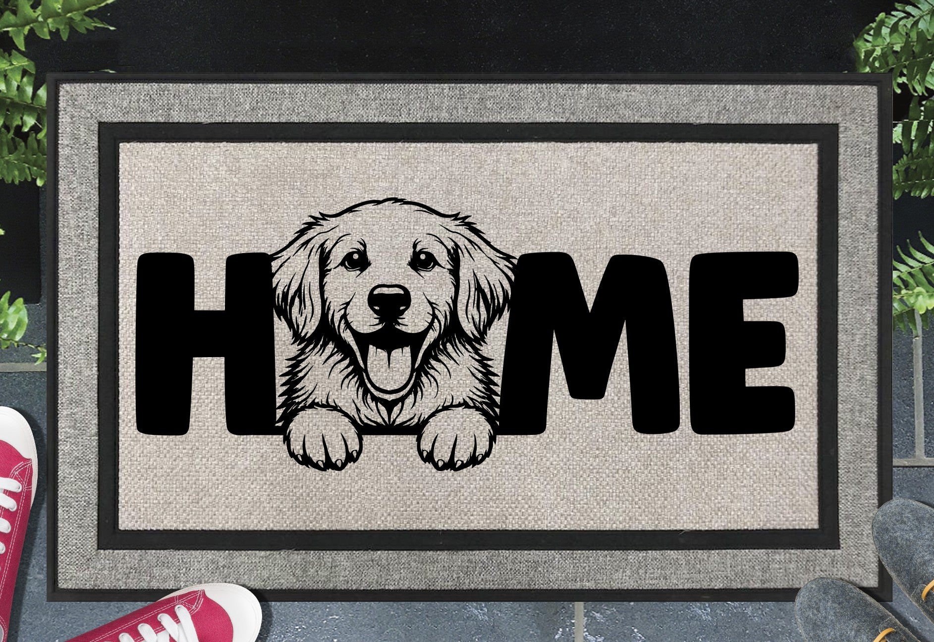Golden Retriever Doormat - All weather welcome mat featuring Golden Retriever breed design with 'home' text and non-slip backing