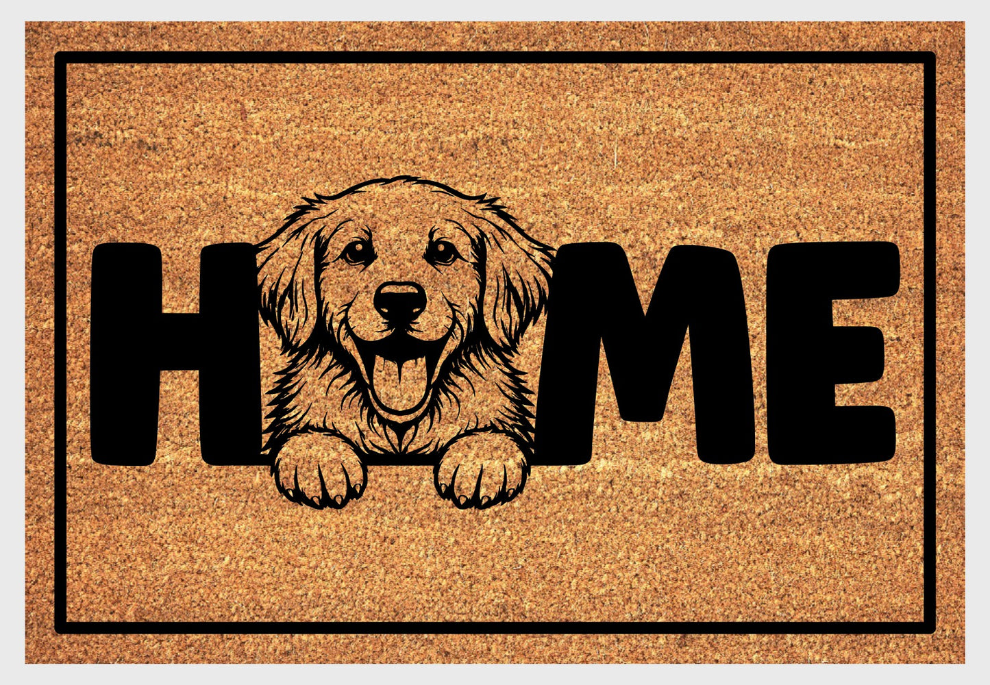 Golden Retriever doormat on front porch entryway showing natural coir texture and breed graphic with home text