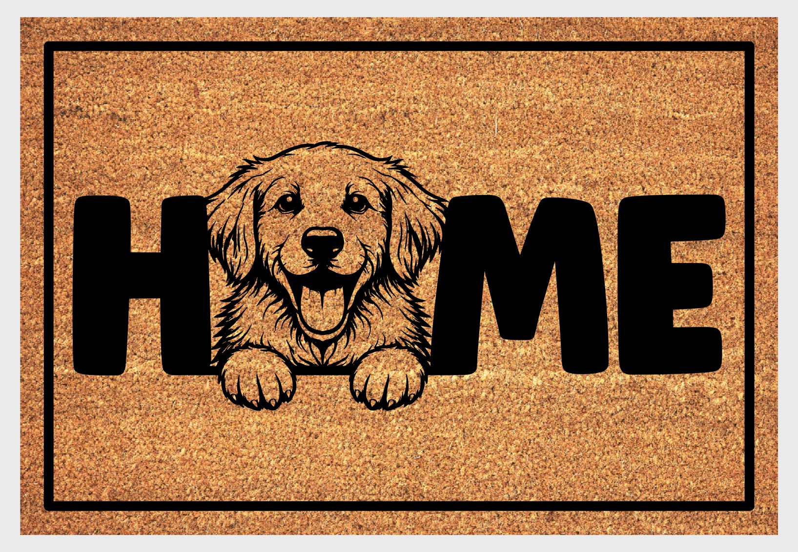 Golden Retriever doormat on front porch entryway showing natural coir texture and breed graphic with home text