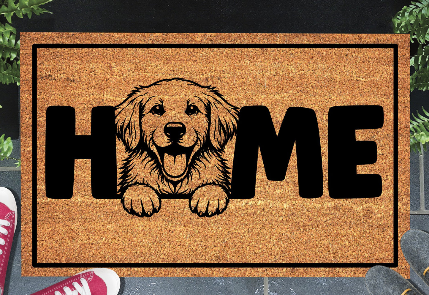 Golden Retriever Doormat - Natural coir welcome mat featuring Golden Retriever breed design with 'home' text and non-slip backing