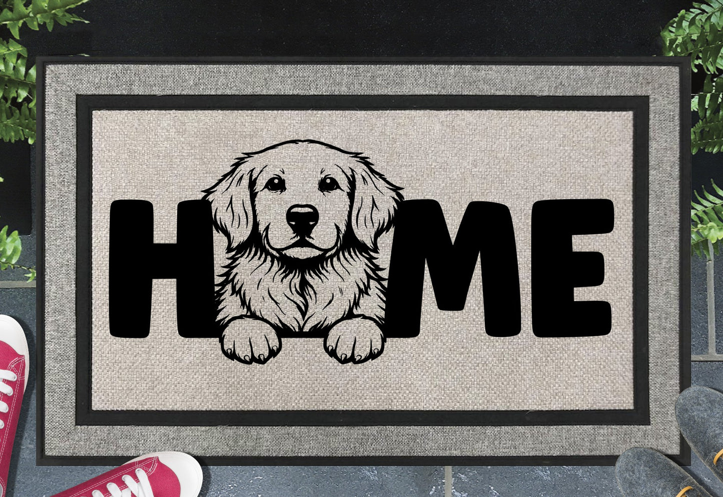Golden Retriever all-weather doormat with HOME text - durable outdoor welcome mat for dog lovers