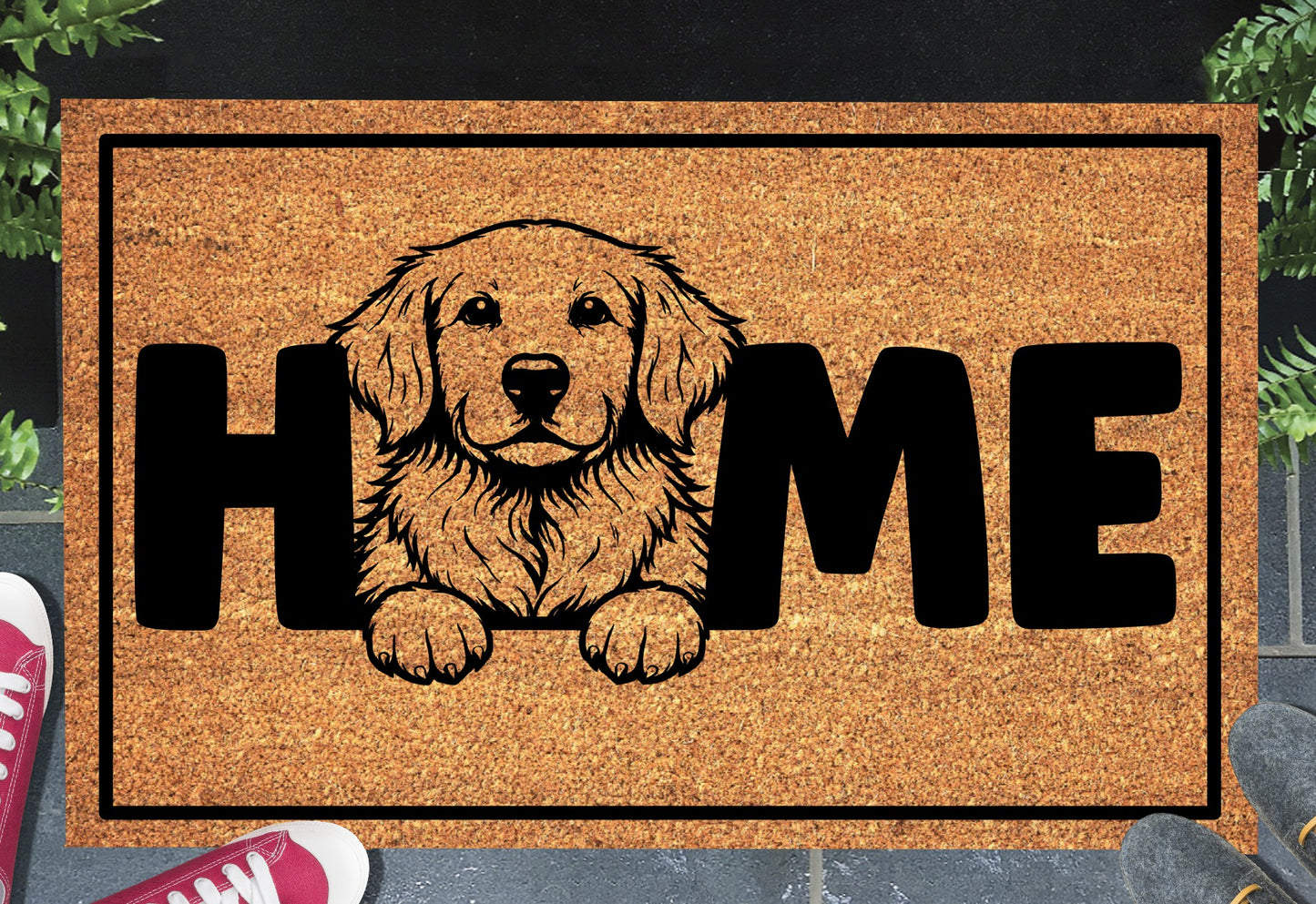 Golden Retriever Doormat #2 - Natural coir welcome mat featuring Golden Retriever breed design with 'home' text and non-slip backing