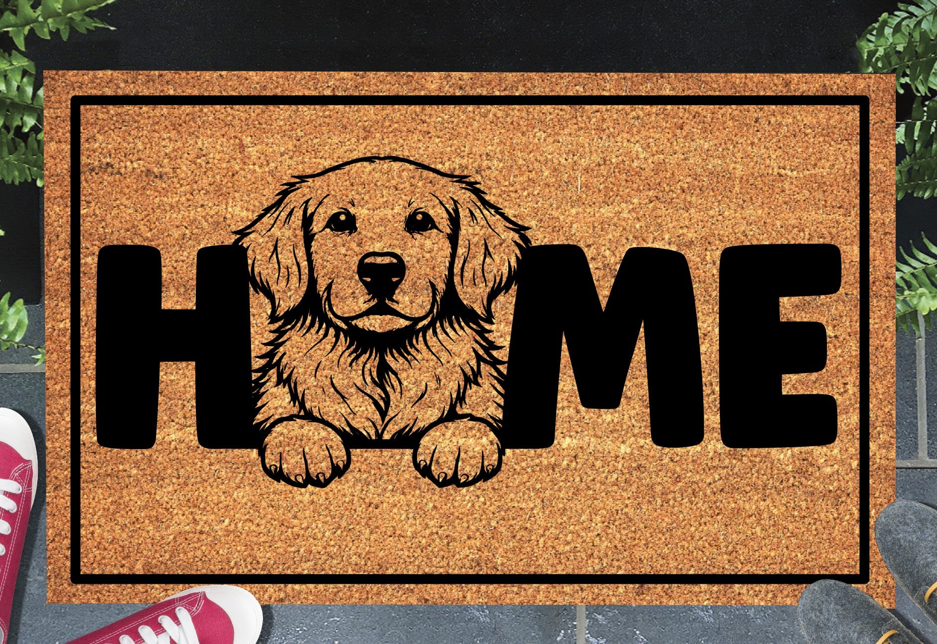 Golden Retriever Doormat #2 - Natural coir welcome mat featuring Golden Retriever breed design with 'home' text and non-slip backing
