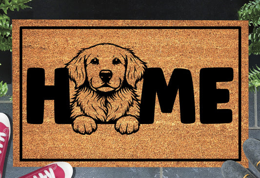 Golden Retriever Doormat #2 - Natural coir welcome mat featuring Golden Retriever breed design with 'home' text and non-slip backing