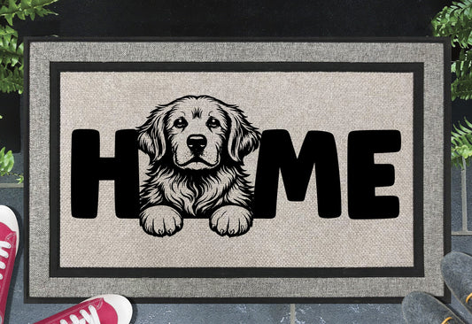Golden Retriever all-weather doormat with HOME text - durable outdoor welcome mat for dog lovers