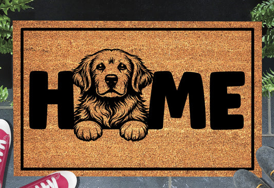 Golden Retriever Doormat #3 - Natural coir welcome mat featuring Golden Retriever breed design with 'home' text and non-slip backing