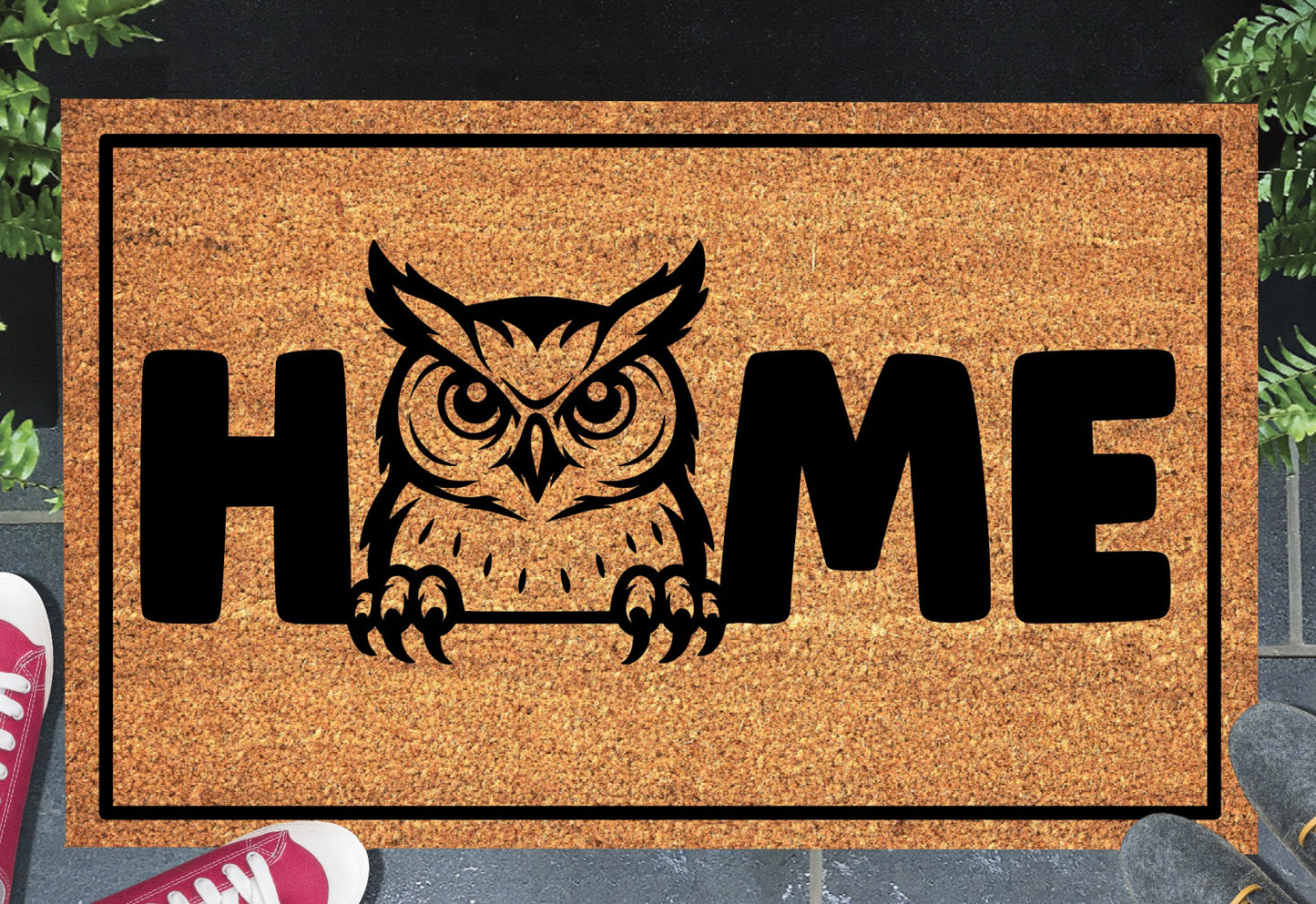 Great Horned Owl doormat #1 with home text placed at front door entryway