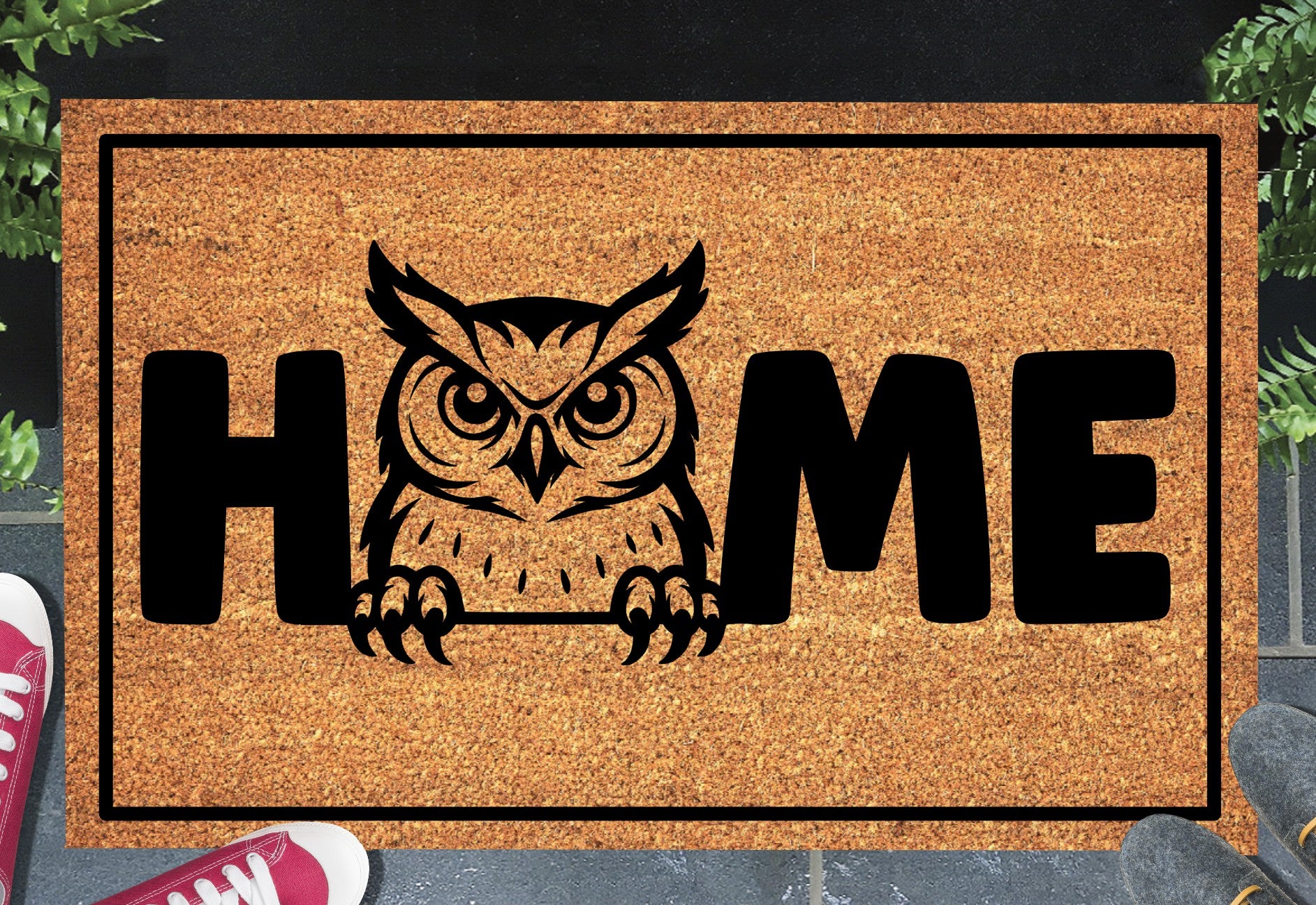 Great Horned Owl doormat #1 with home text placed at front door entryway