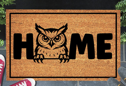Great Horned Owl doormat #1 with home text placed at front door entryway