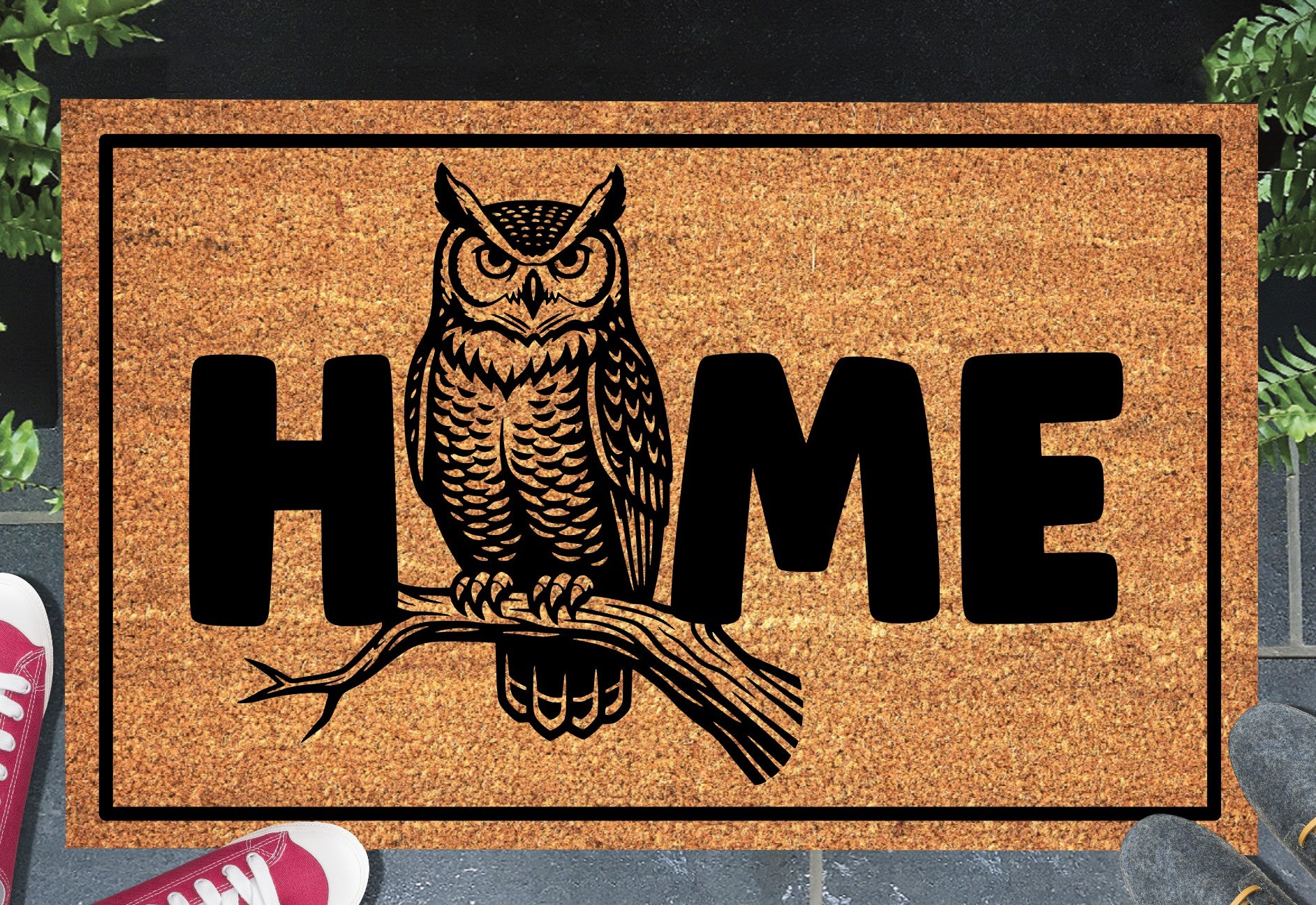 Great Horned Owl doormat #2 with home text placed at front door entryway