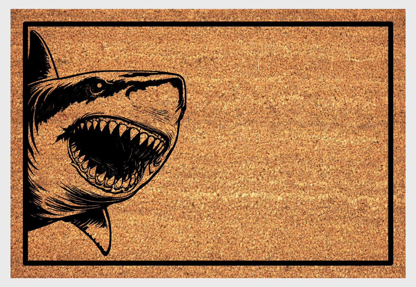 Great White Shark peeking doormat coir material close-up showing natural coconut fiber texture