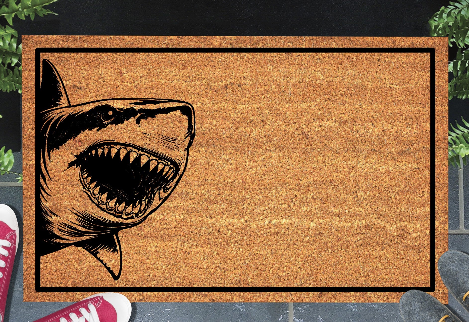 Great White Shark Peeking Doormat #1 with shark design placed at front door entryway