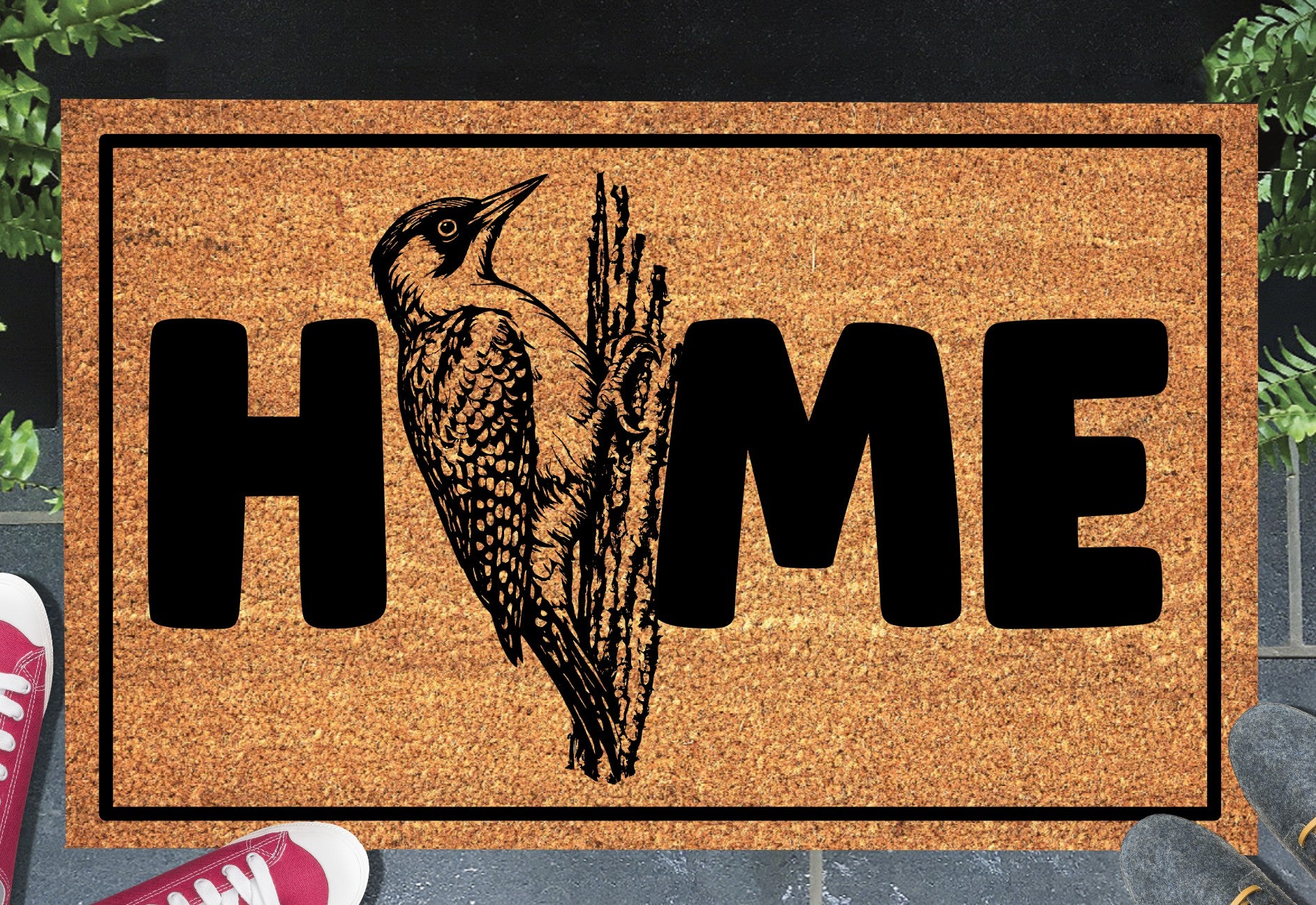 green woodpecker doormat #1 at doorway