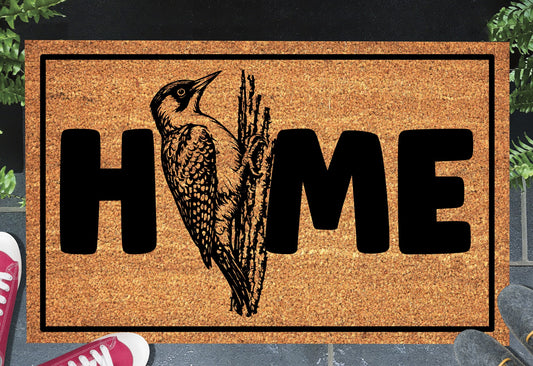 green woodpecker doormat #1 at doorway