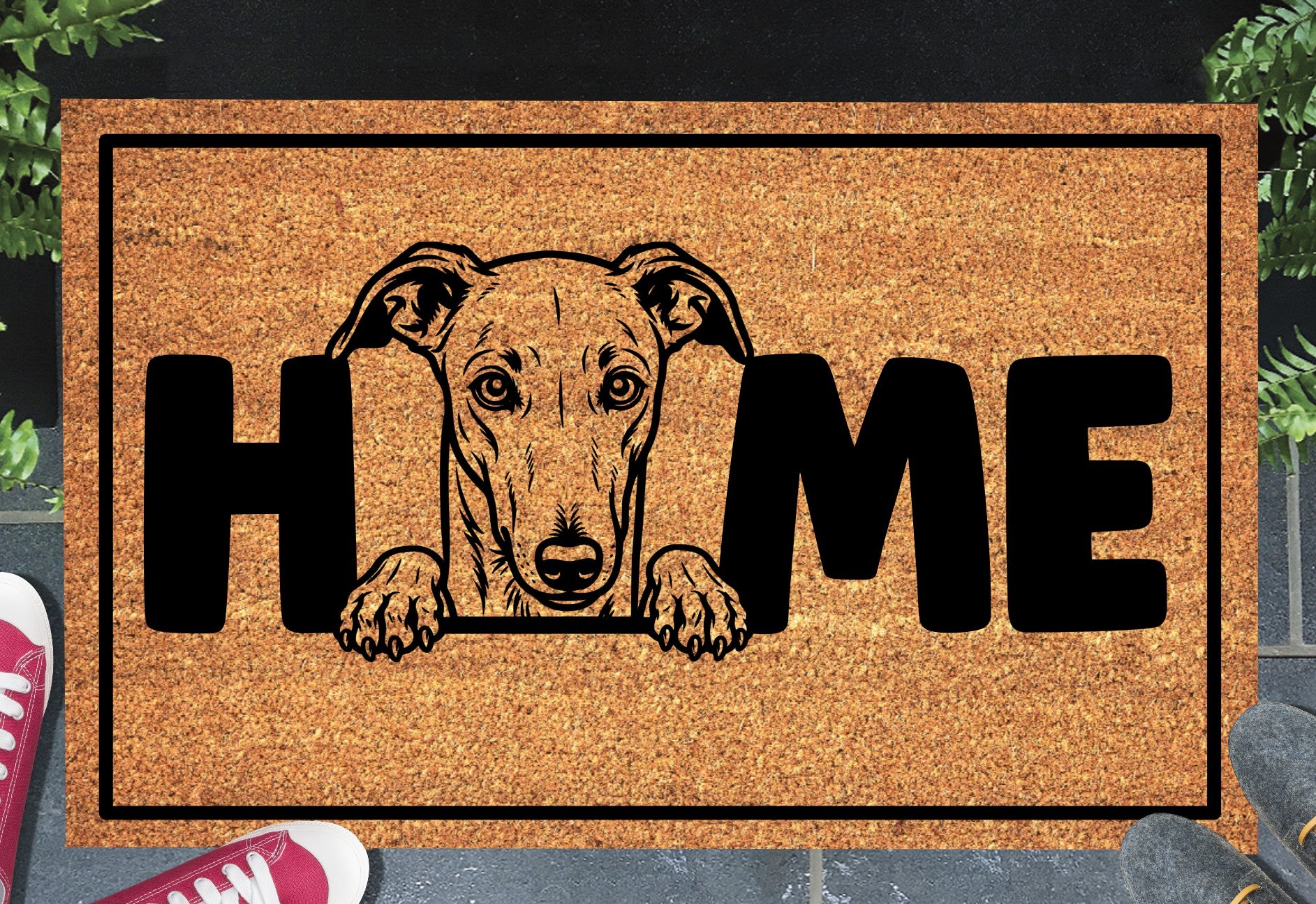 Greyhound doormat #1 shown in a front doorway entryway setting