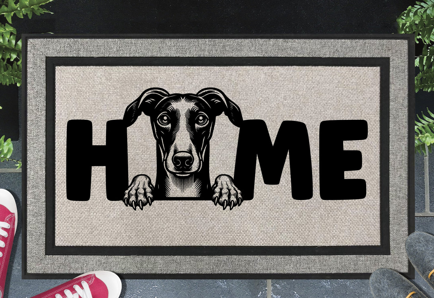 Greyhound doormat #2 – heavy-duty woven polyester with UV-resistant design