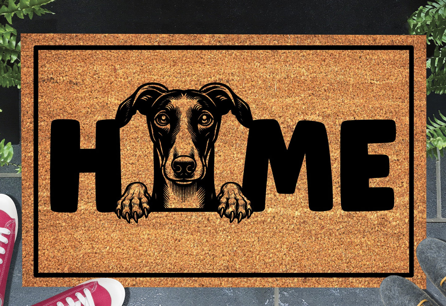 Greyhound doormat #2 shown in a front doorway entryway setting