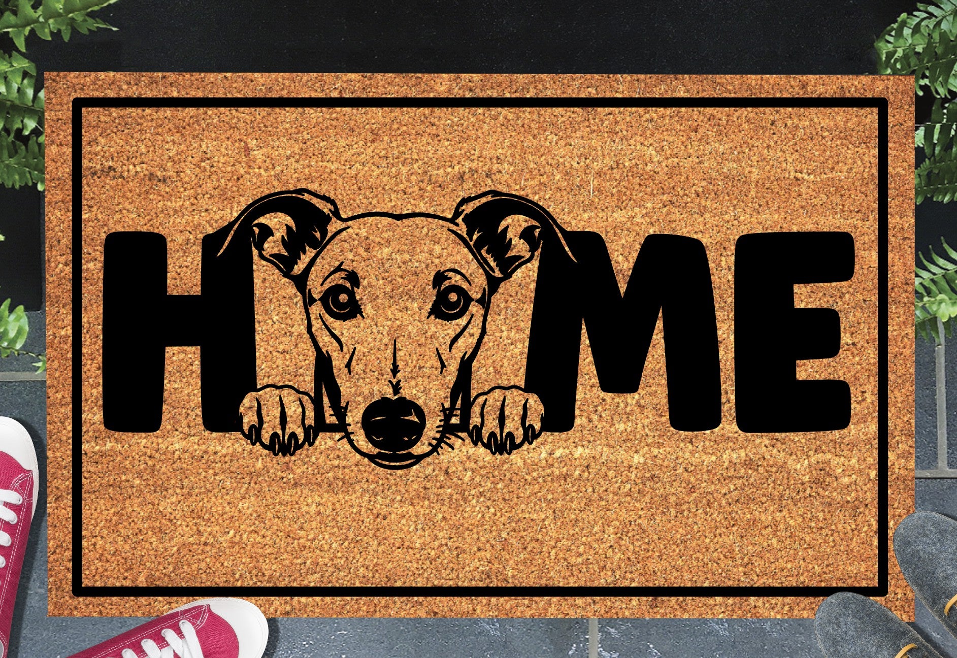 Greyhound doormat #3 shown in a front doorway entryway setting