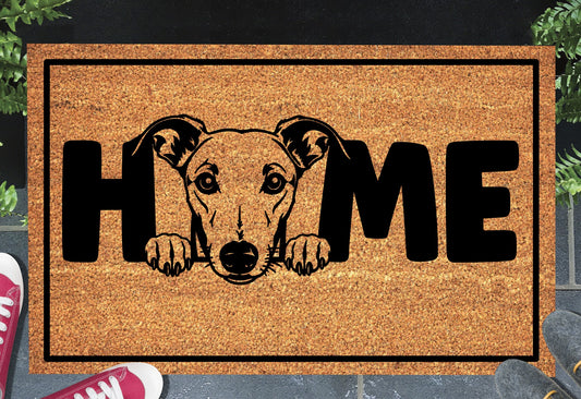 Greyhound doormat #3 shown in a front doorway entryway setting